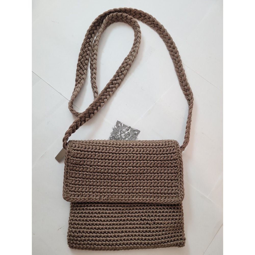 The Sak Crochet Crossbody Bag Womens Taupe Brown Handcrafted Foldover Flap Purse